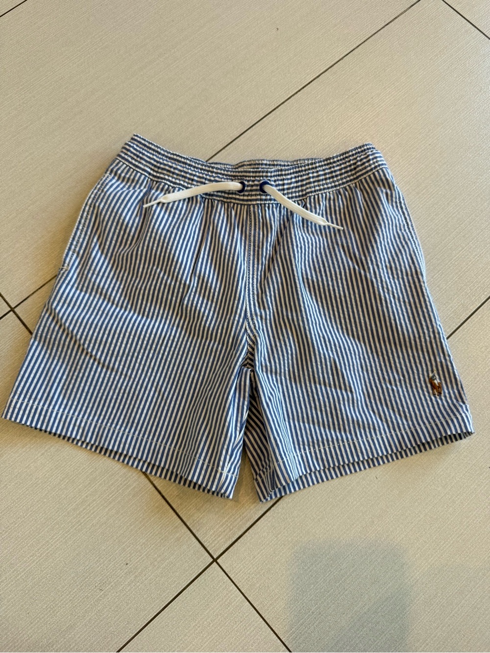 Polo by Ralph Lauren Blue and White Striped Kids Swim Trunks 7 Boys